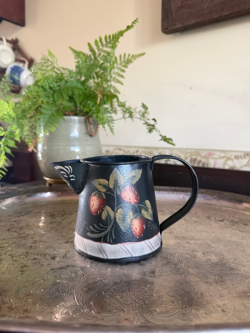 Vintage Hand-Painted Black Strawberry Pitcher - Floral Folk Art
